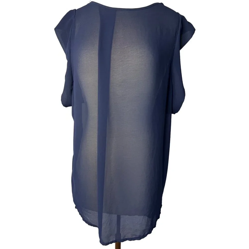 Costa Blanca Blouse Women's Blue Large Sheer Sleeveless Round Neck Hi-Lo Hem